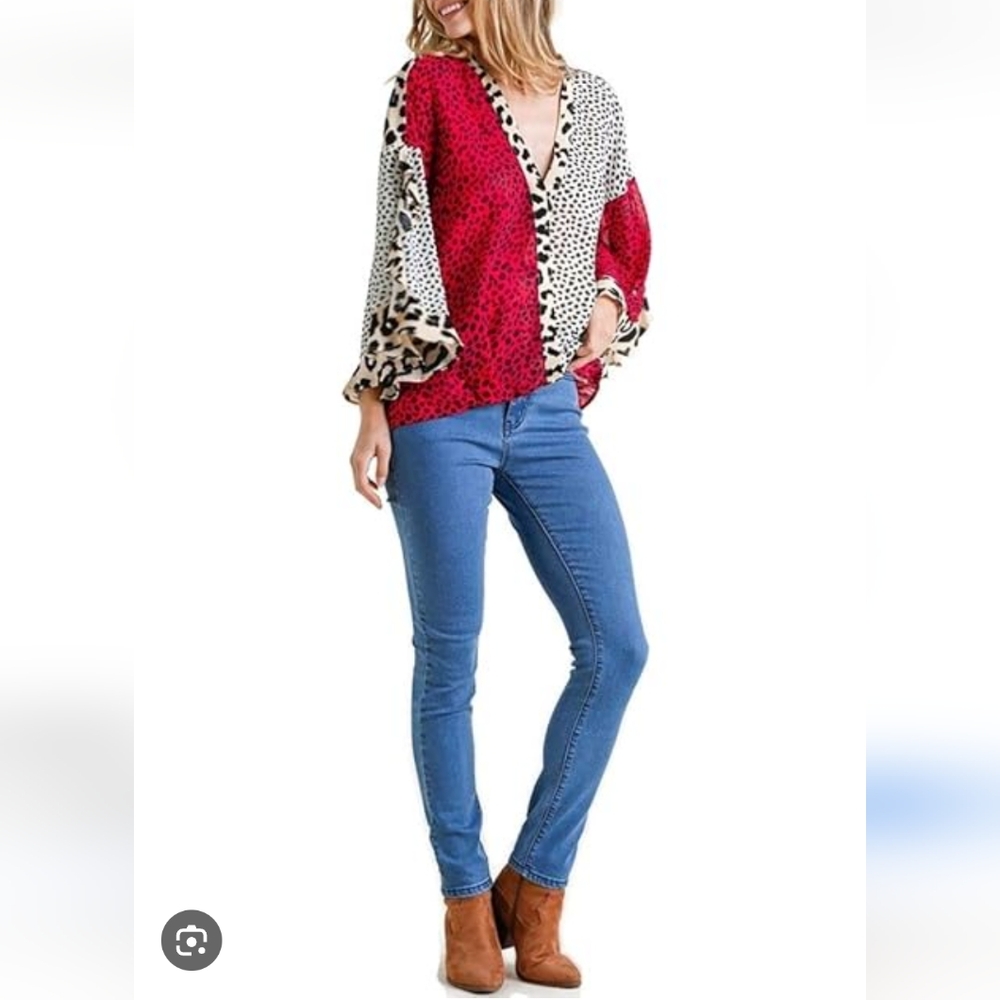 Umgee Animal Print Patchwork Blouse Womens M Multicolor Boho Retro 90s Y2K